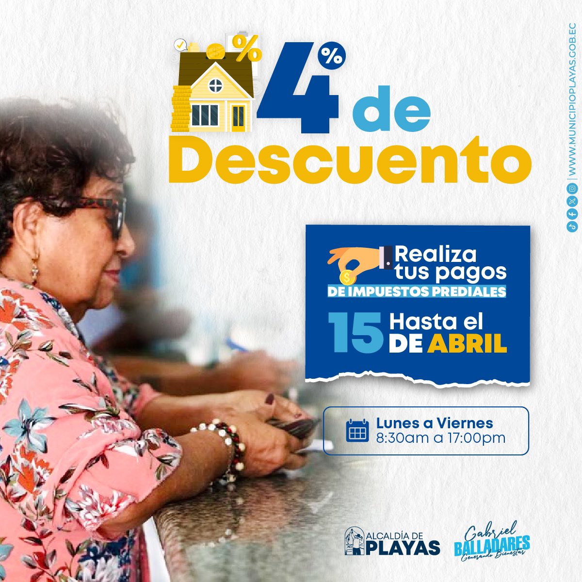 Alcaldía de Playas ofrece 4% de descuento por pago de impuestos prediales