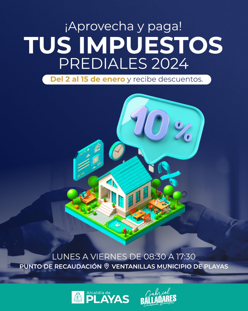 Alcaldía de Playas ofrece 10% de descuento en impuestos prediales hasta el 15 de enero